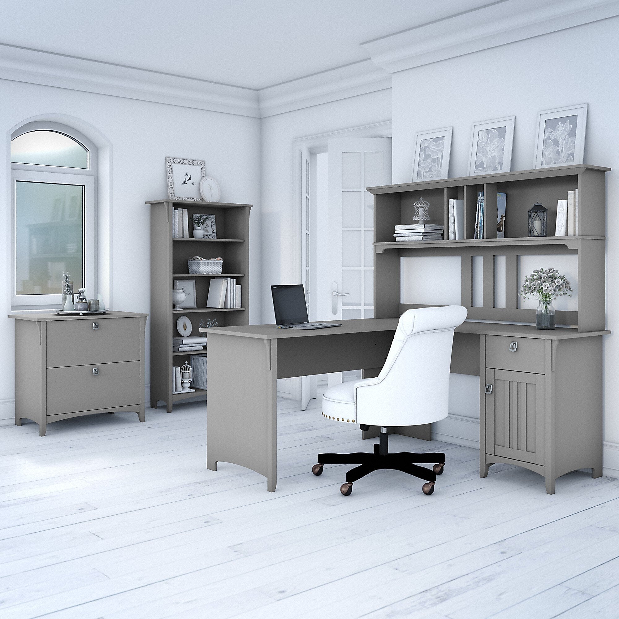 Bush Furniture Salinas 60"W L Shaped Desk with Hutch, Lateral File Cabinet and 5 Shelf Bookcase, Cape Cod Gray (SAL007CG)
