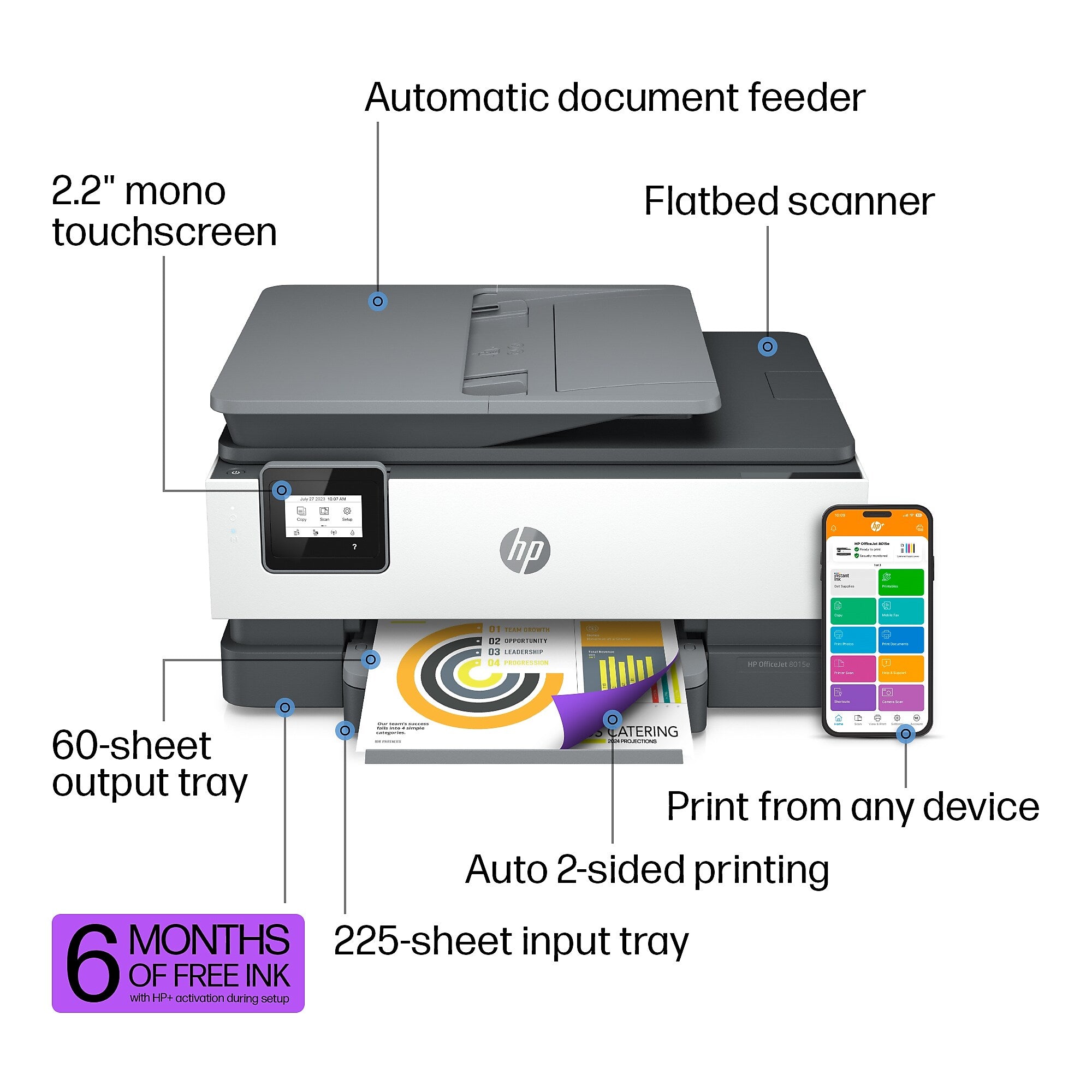HP OfficeJet 8015e Wireless Color All-In-One Printer, Print, Scan, Copy, Best for Home Office, 6 Months FREE Ink (228F5A)