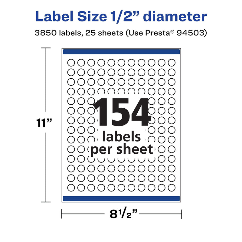 Avery Laser/Inkjet Round Multipurpose Labels, 0.5" Dia, Matte White, 3850 Labels/Pack (94503)