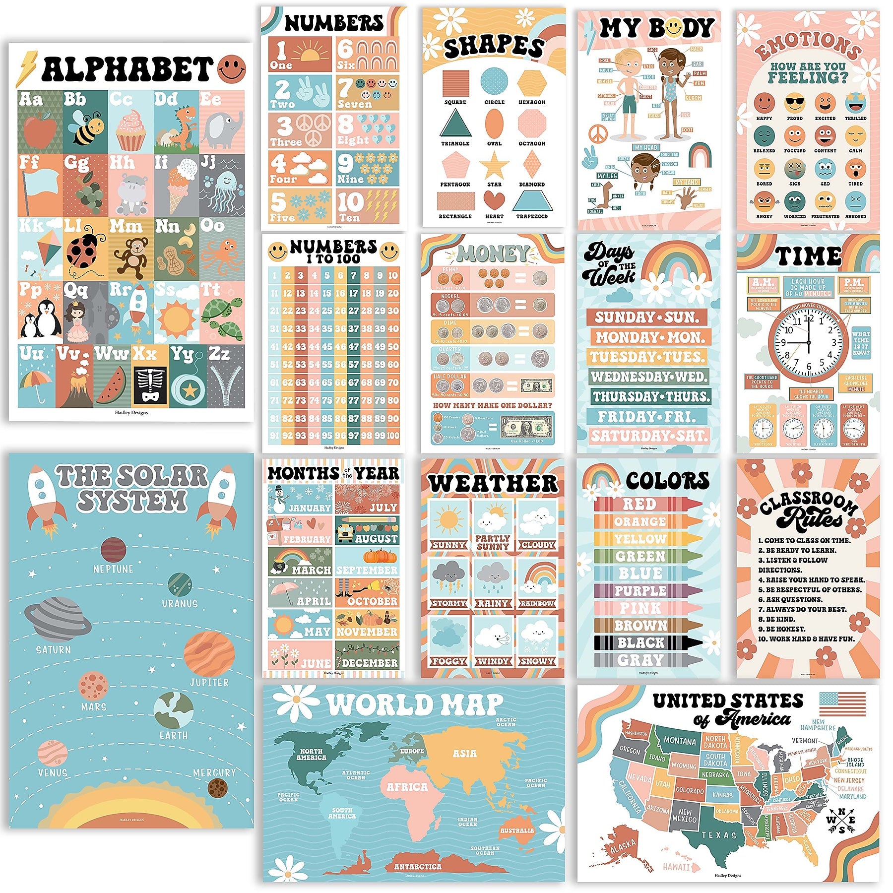 Hadley Designs 17" x 11" Retro Boho Preschool Educational Posters For Toddlers, Laminated, 16/Set (HDDX004ACFGE5)