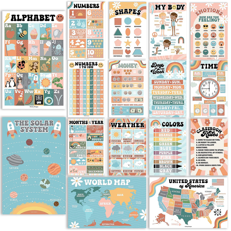 Hadley Designs 17" x 11" Retro Boho Preschool Educational Posters For Toddlers, Laminated, 16/Set (HDDX004ACFGE5)
