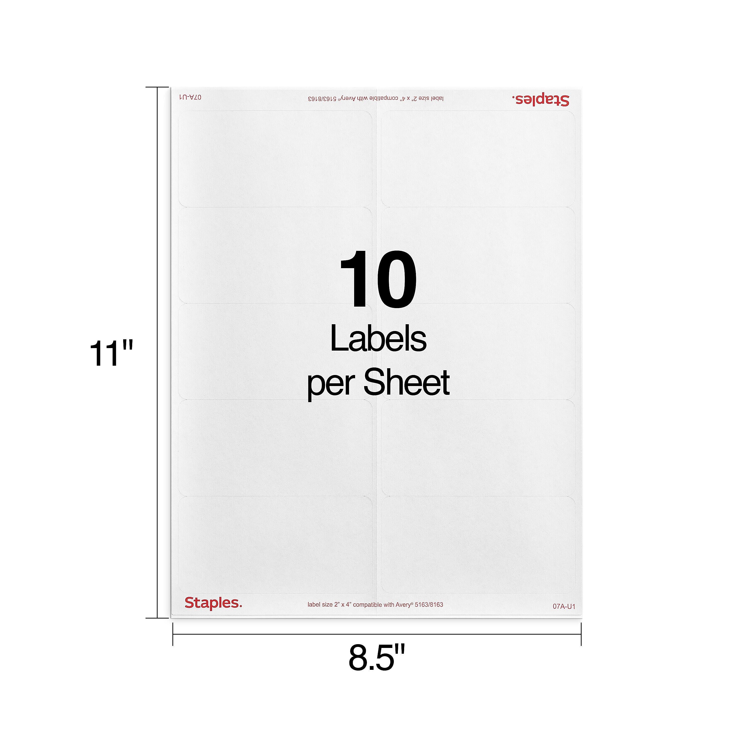 Staples Laser/Inkjet Shipping Labels, 2" x 4", White, 10 Labels/Sheet, 250 Sheets/Pack, 2500 Labels/Box (ST18066-CC)
