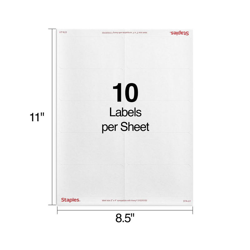 Staples Laser/Inkjet Shipping Labels, 2" x 4", White, 10 Labels/Sheet, 250 Sheets/Pack, 2500 Labels/Box (ST18066-CC)