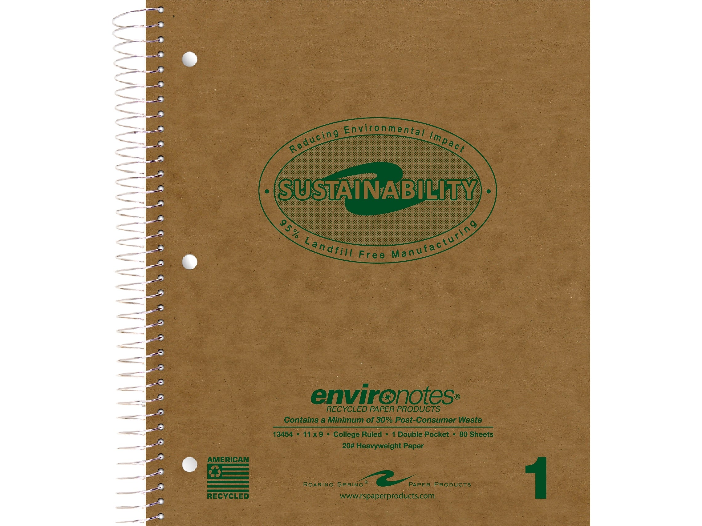 Roaring Spring Paper Products Environotes 1-Subject Notebooks, 9" x 11", College Ruled, 80 Sheets, Brown, 24/Pack (13454CS)