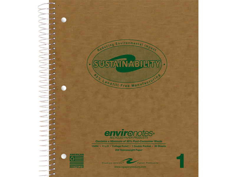 Roaring Spring Paper Products Environotes 1-Subject Notebooks, 9" x 11", College Ruled, 80 Sheets, Brown, 24/Pack (13454CS)