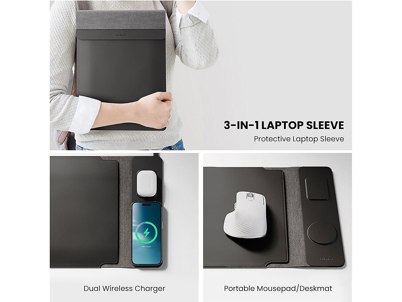 Journey NEXA 4-in-1 15"-16" Vegan Leather Laptop Sleeve with Wireless Charging, Black (JWCS16BK)