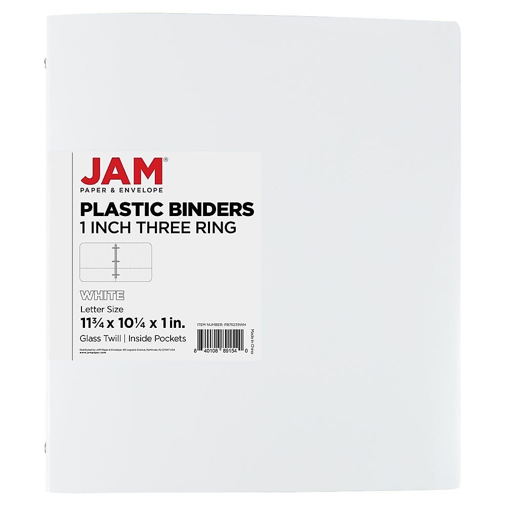 JAM Paper 1" 3-Ring Flexible Poly Binder, White (PB75239WH)