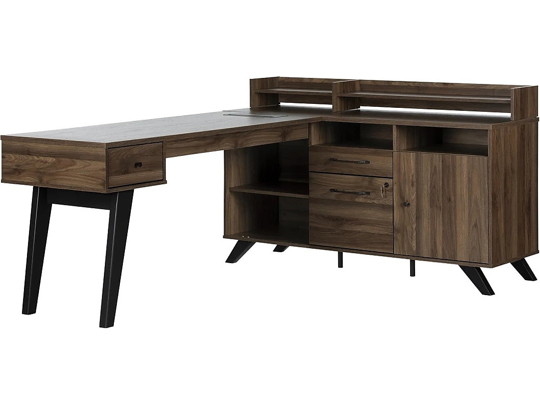 South Shore Helsy 78"W L-Shaped Computer Desk with Power Bar and Removable Hutch, Natural Walnut (13307)