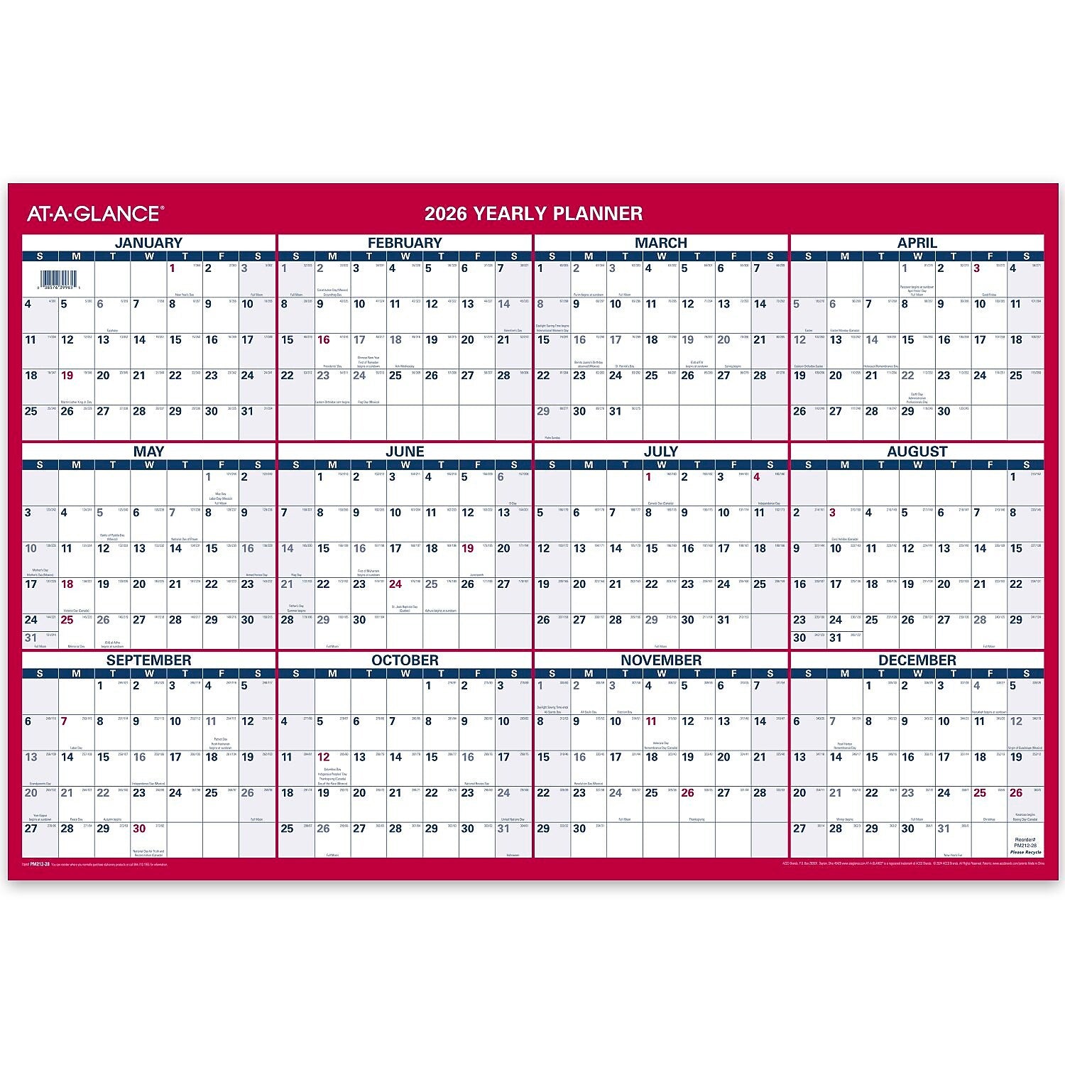 2026 AT-A-GLANCE 36" x 24" Yearly Wall Calendar, Reversible, White/Red (PM212-28-26)