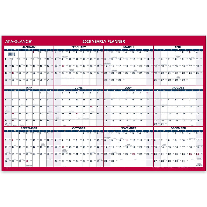 2026 AT-A-GLANCE 36" x 24" Yearly Wall Calendar, Reversible, White/Red (PM212-28-26)