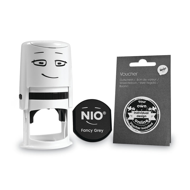 NIO® Stamp with Voucher and Fancy Gray Ink Pad, Self-Inking, 1.56" Diameter