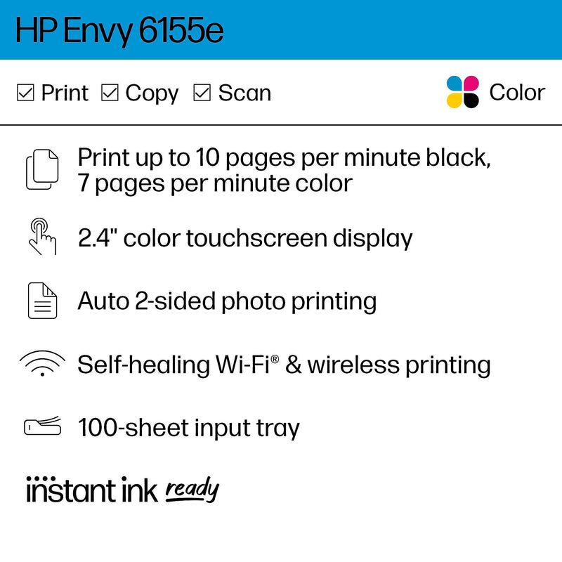 HP Envy 6155e Wireless Color All-In-One Inkjet Printer, Print, Scan, Copy, Best for Home, 3 Months FREE Ink with HP+ (714L5A)