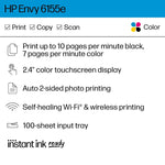 HP Envy 6155e Wireless All-in-One Color Inkjet Printer, Scanner, Copier, Best for Home, 3 months FREE ink with HP+ (714L5A)