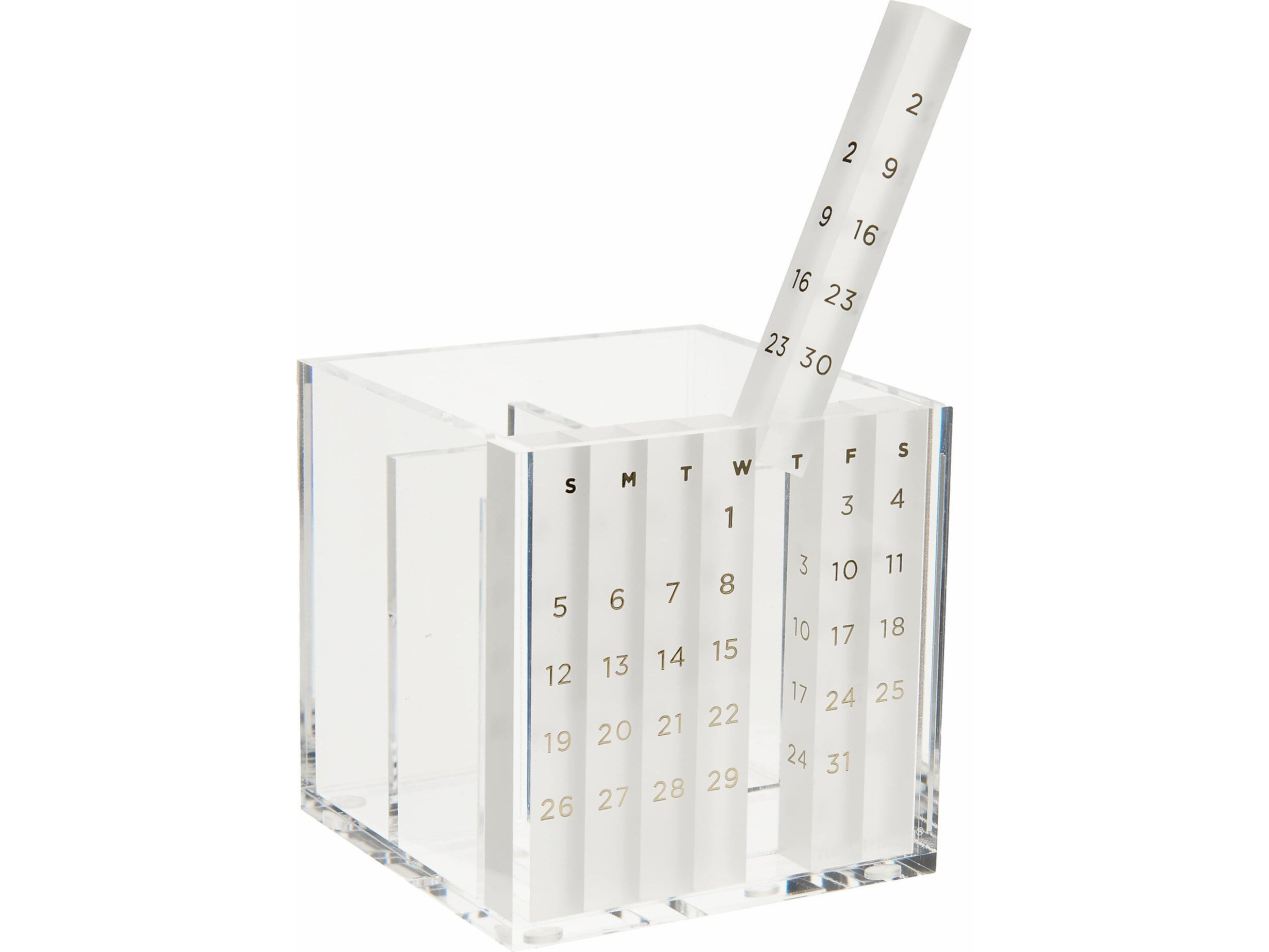Russell+Hazel Bloc 2-Compartment Stackable Acrylic Pencil Cup with Monthly Calendar, Clear/Gold (93917)