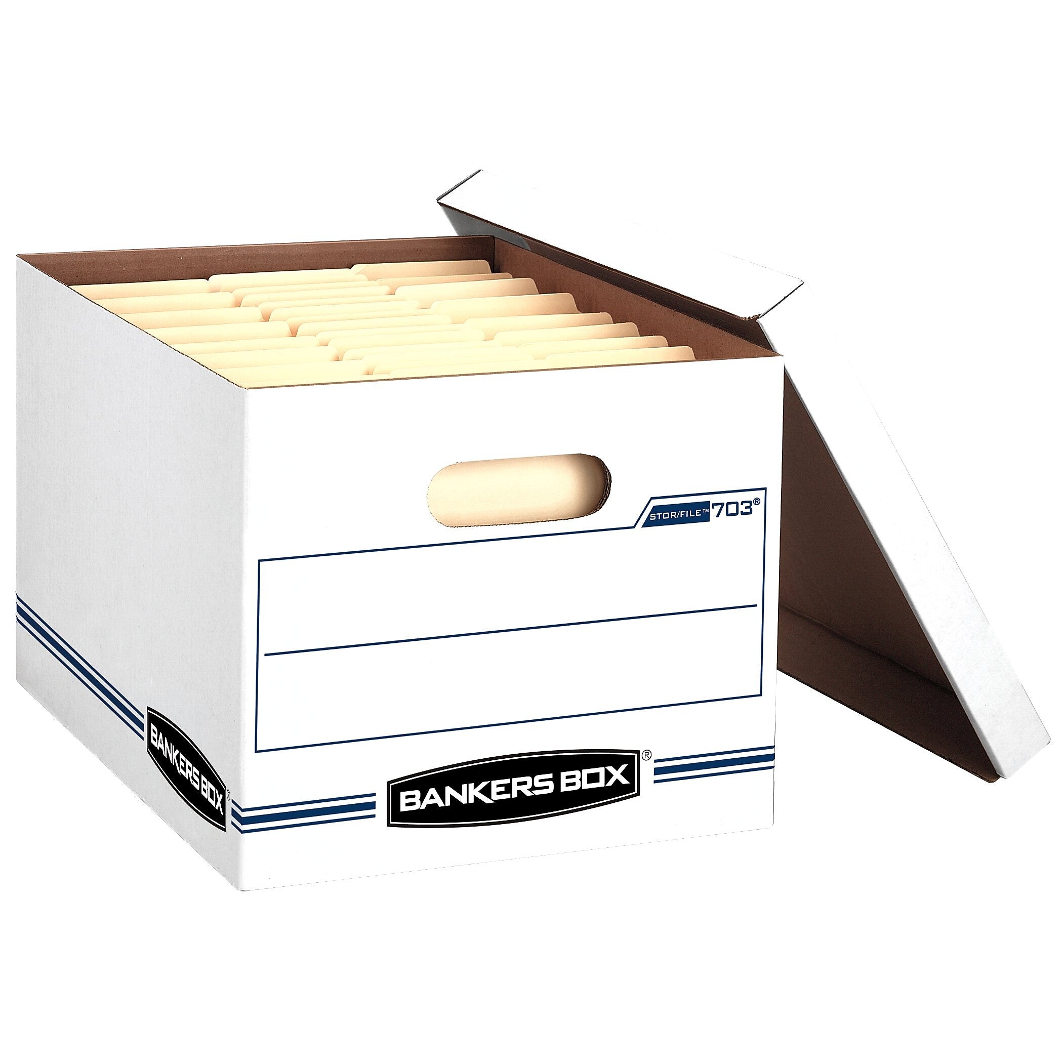 Bankers Box Stor/File 60% Recycled Corrugated File Box Lift Off Lid, Letter/Legal Size, White/Blue, 6/Pack (57036-04)