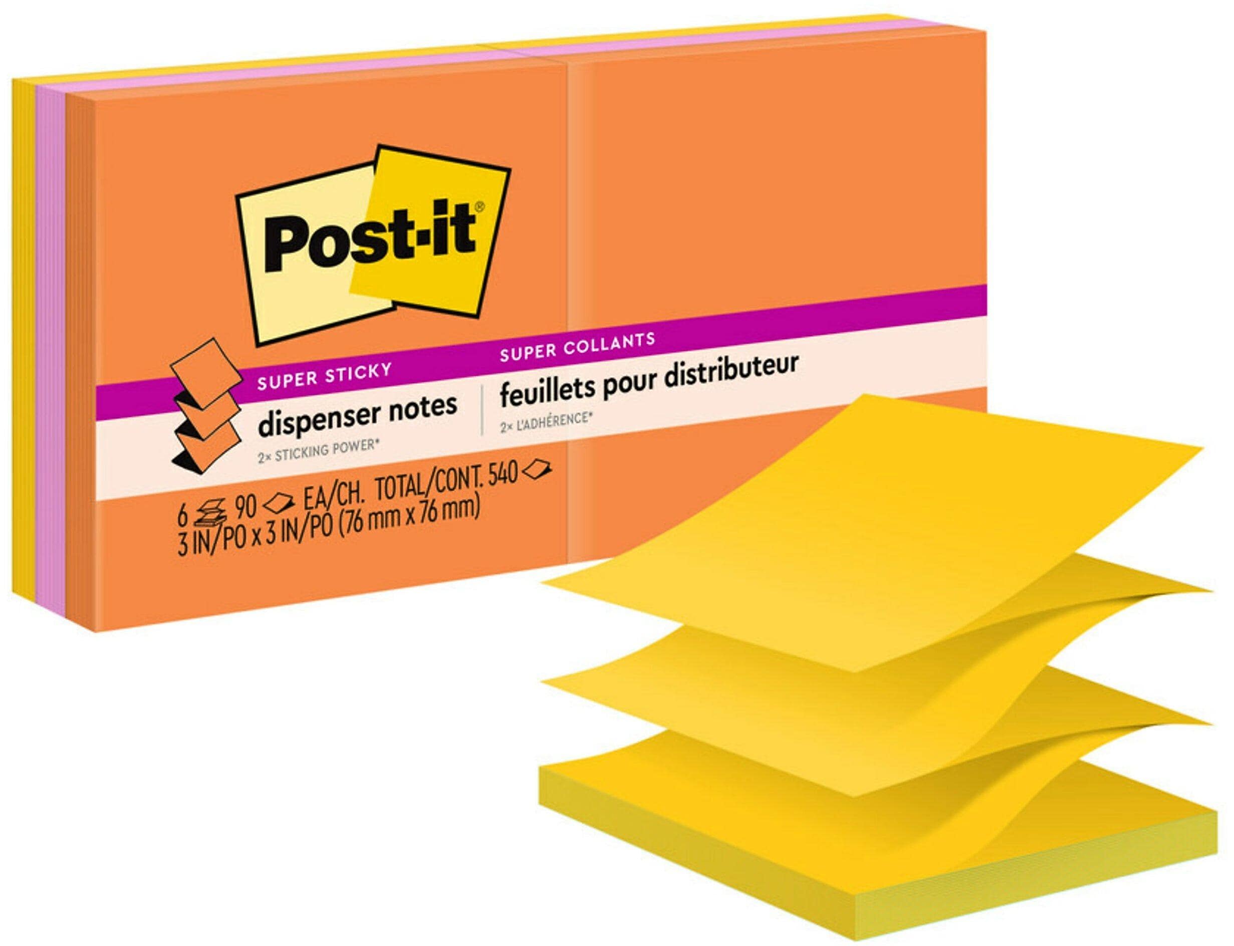 Post-it Super Sticky Pop-up Notes, 3" x 3", Energy Boost Collection, 90 Sheet/Pad, 6 Pads/Pack (R330-6SSUC)