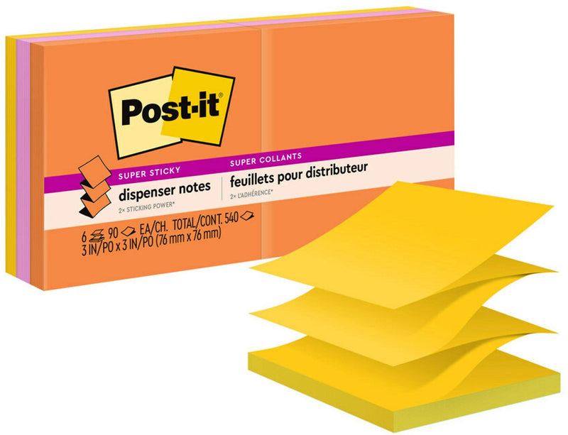 Post-it Super Sticky Pop-up Notes, 3" x 3", Energy Boost Collection, 90 Sheet/Pad, 6 Pads/Pack (R330-6SSUC)