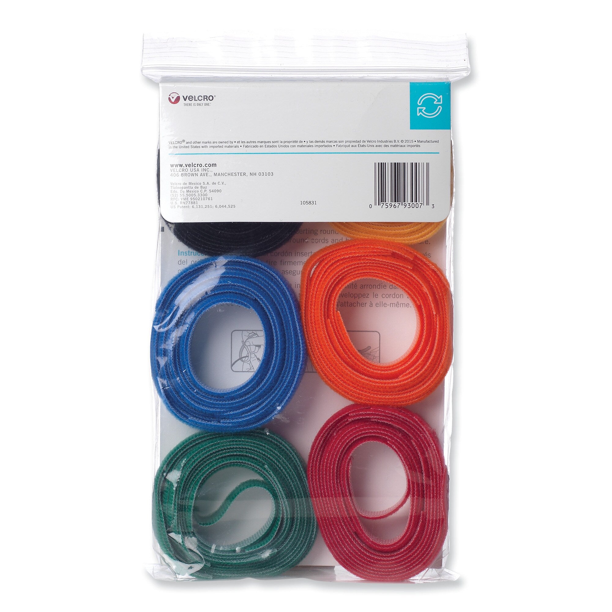 VELCRO® ONE-WRAP Ties and Straps, 0.5" x 8", Assorted Colors, 60/Pack (VEK93007)