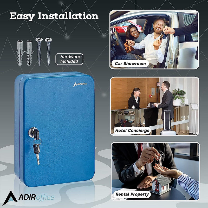 AdirOffice 48-Key Cabinet with Key Lock and Key Tags, Blue (681-48-BLU-PKG)