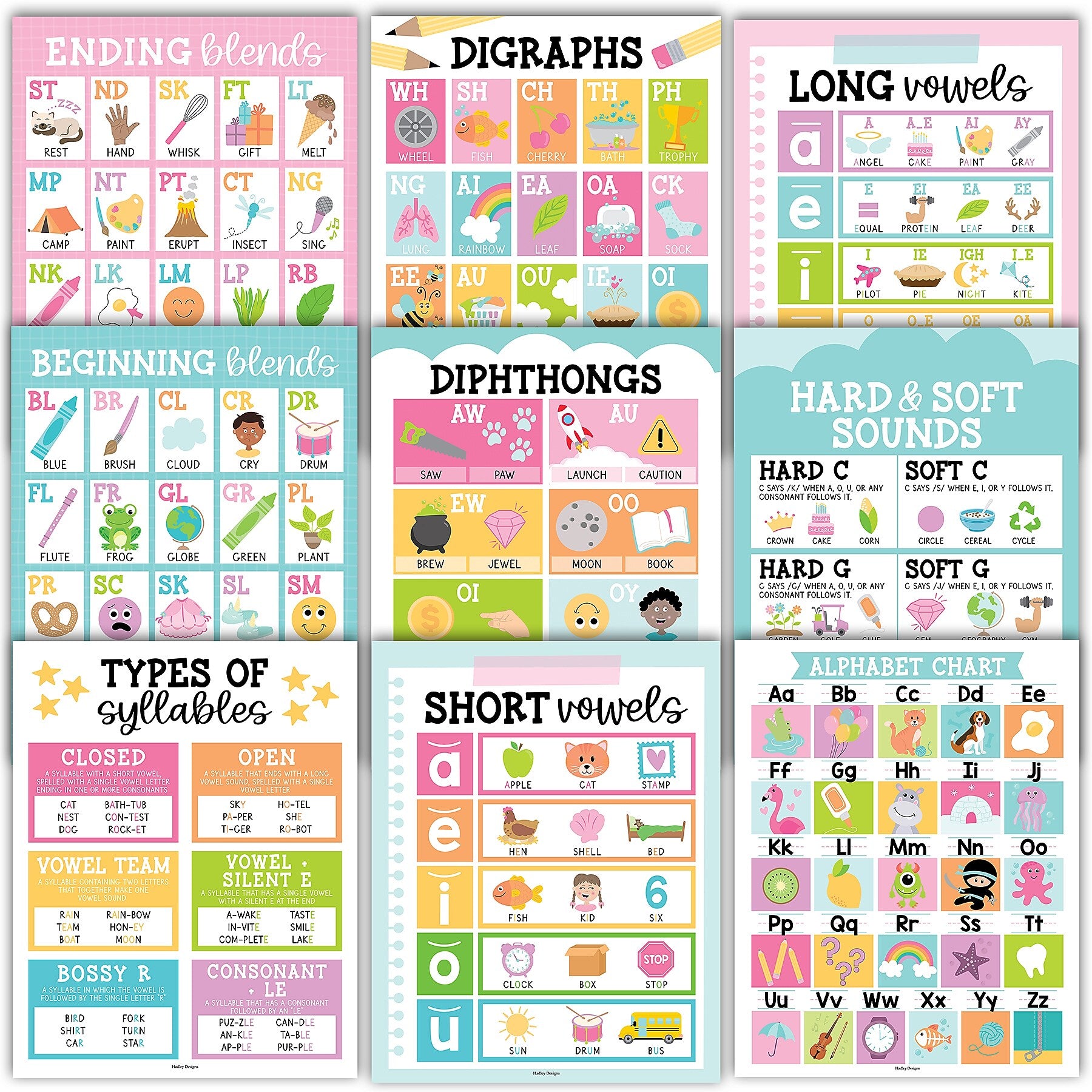 Hadley Designs 11" x 14" Colorful Sound Wall Phonics and Vowels English Posters, 9/Set (HDDX004ACFGFJ)
