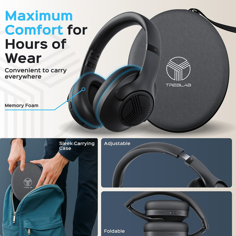 Treblab Wireless Noise Canceling Over-Ear Headphones, Bluetooth, Black (Z2)