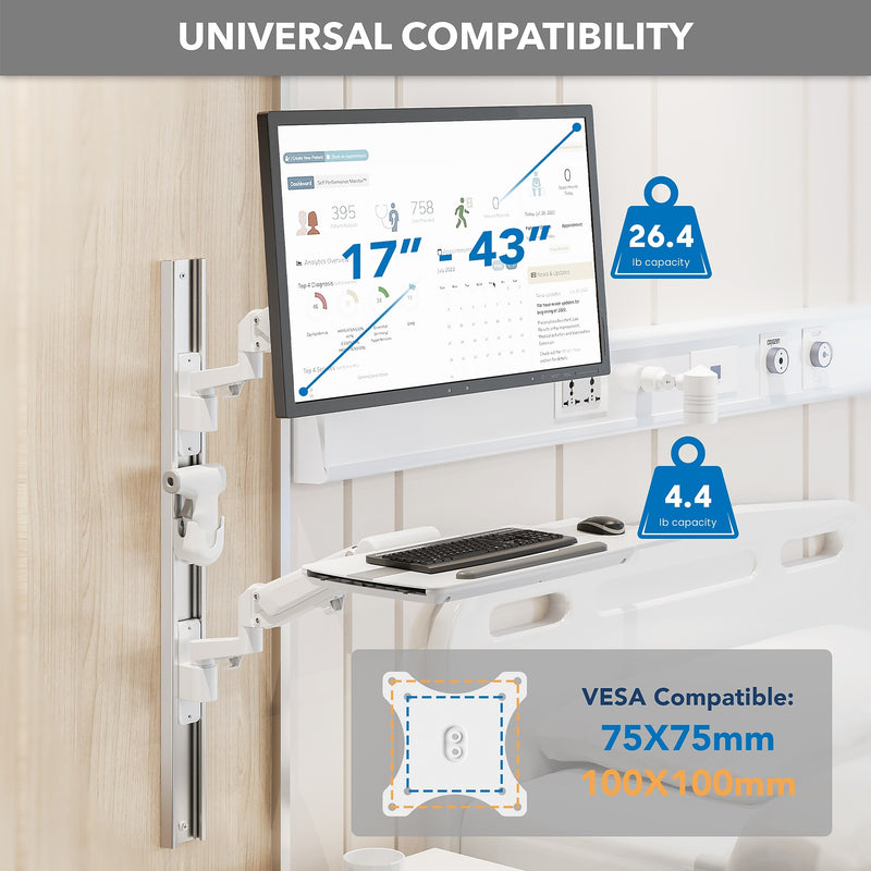 Mount-It! MedHub Wall Mounted, Flexible Workstation With WallTrack for Monitors up to 43", Matte White (MI-16002)