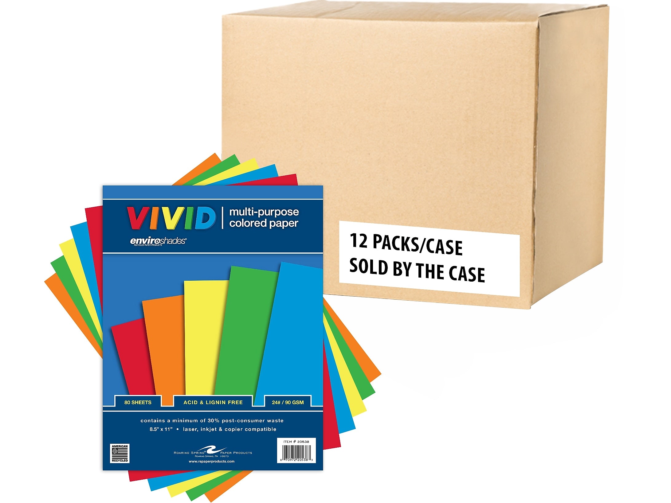 Roaring Spring Paper Products Enviroshades Recycled Colored Paper, 24 lbs., 8.5" x 11", Assorted Colors, 12 Packs/Carton