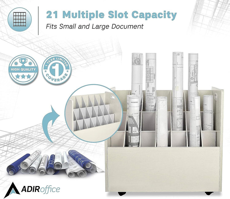AdirOffice 21-Slot Mobile Roll File, 28.5"H x 30"W x 15.75"D, White (625-WHI-KIT1)