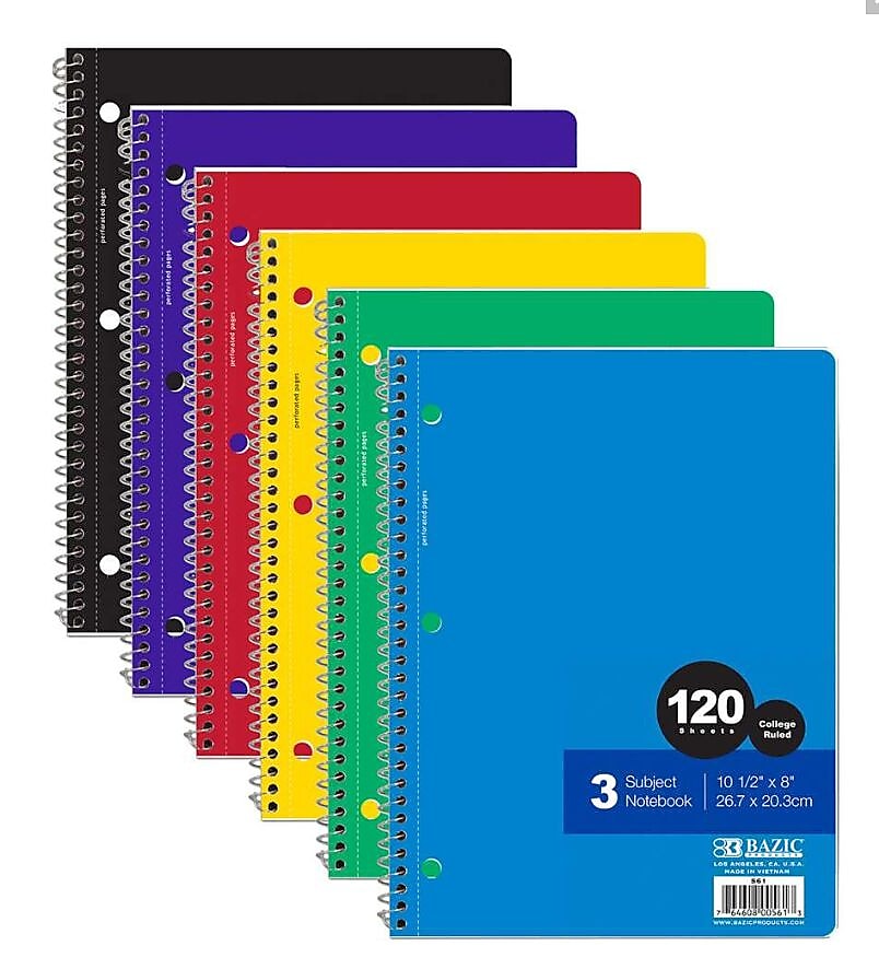 Bazic DDI 3-Subject Notebooks, College Ruled, 120 Sheets, White (BAZ561)