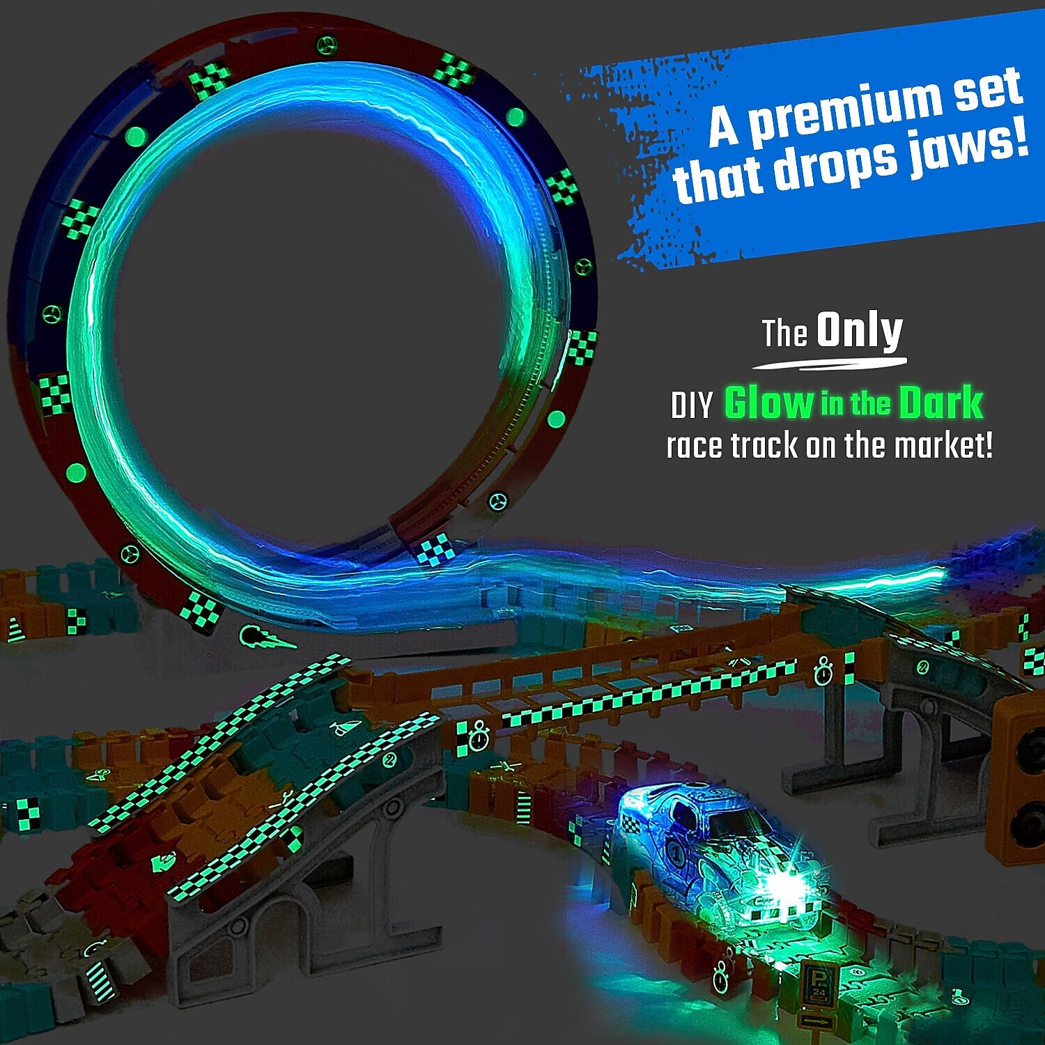 JITTERYGIT Race Track Glow in The Dark Magic Toy Set, 182 Pieces/Pack (FLASHTRACK-RACE-GID)