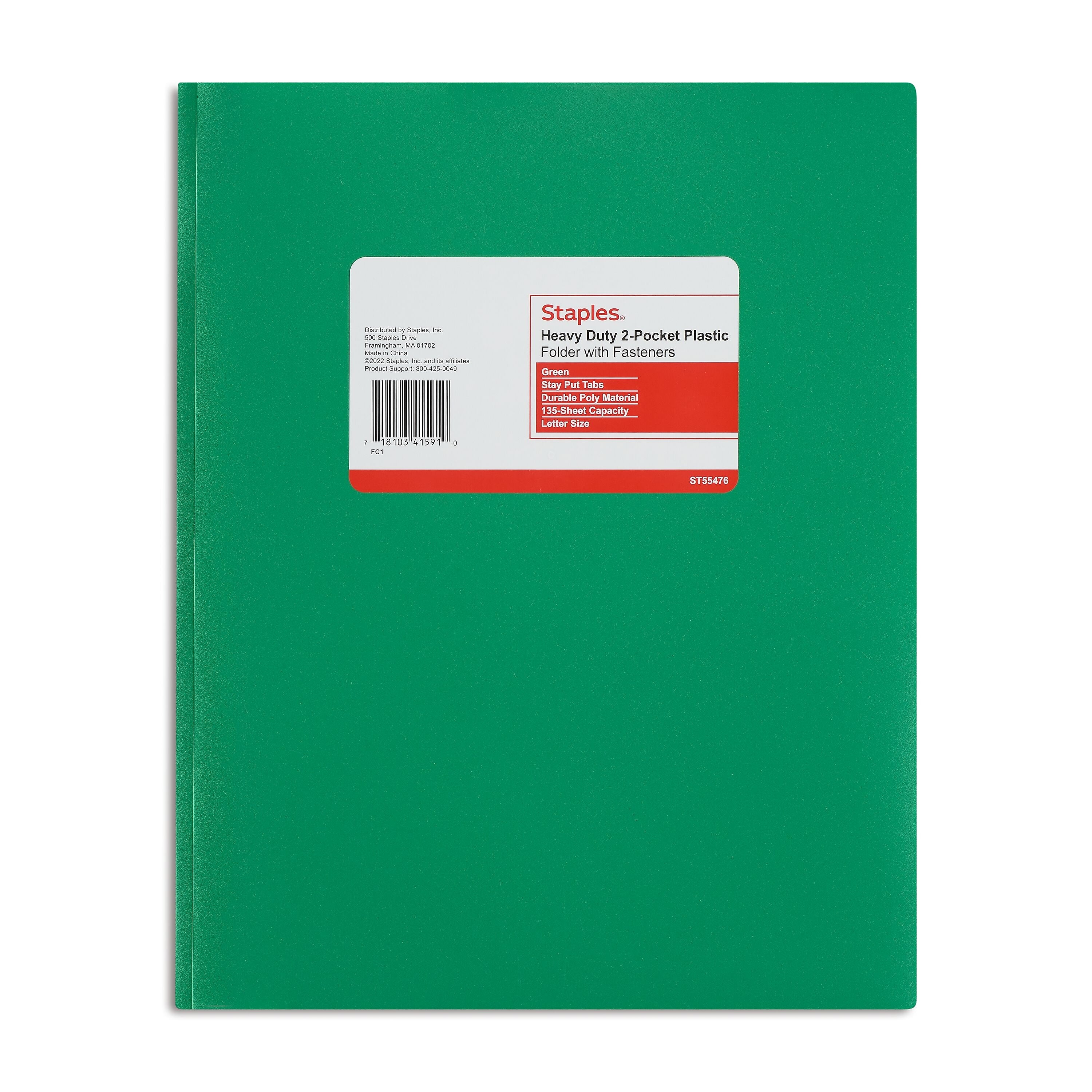 Staples Matte 2-Pocket Plastic Portfolio Folder with Fasteners, Green (ST55476-CC)