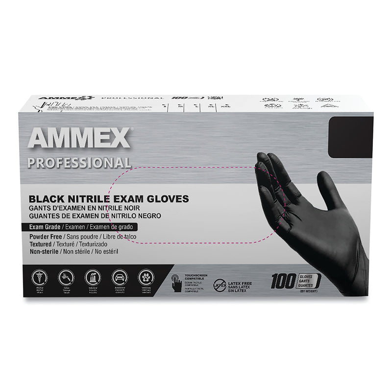 AMMEX Professional Nitrile Exam Gloves, Powder-Free, 3 mil, Large, Black, 100/Box, 10 Boxes/Carton