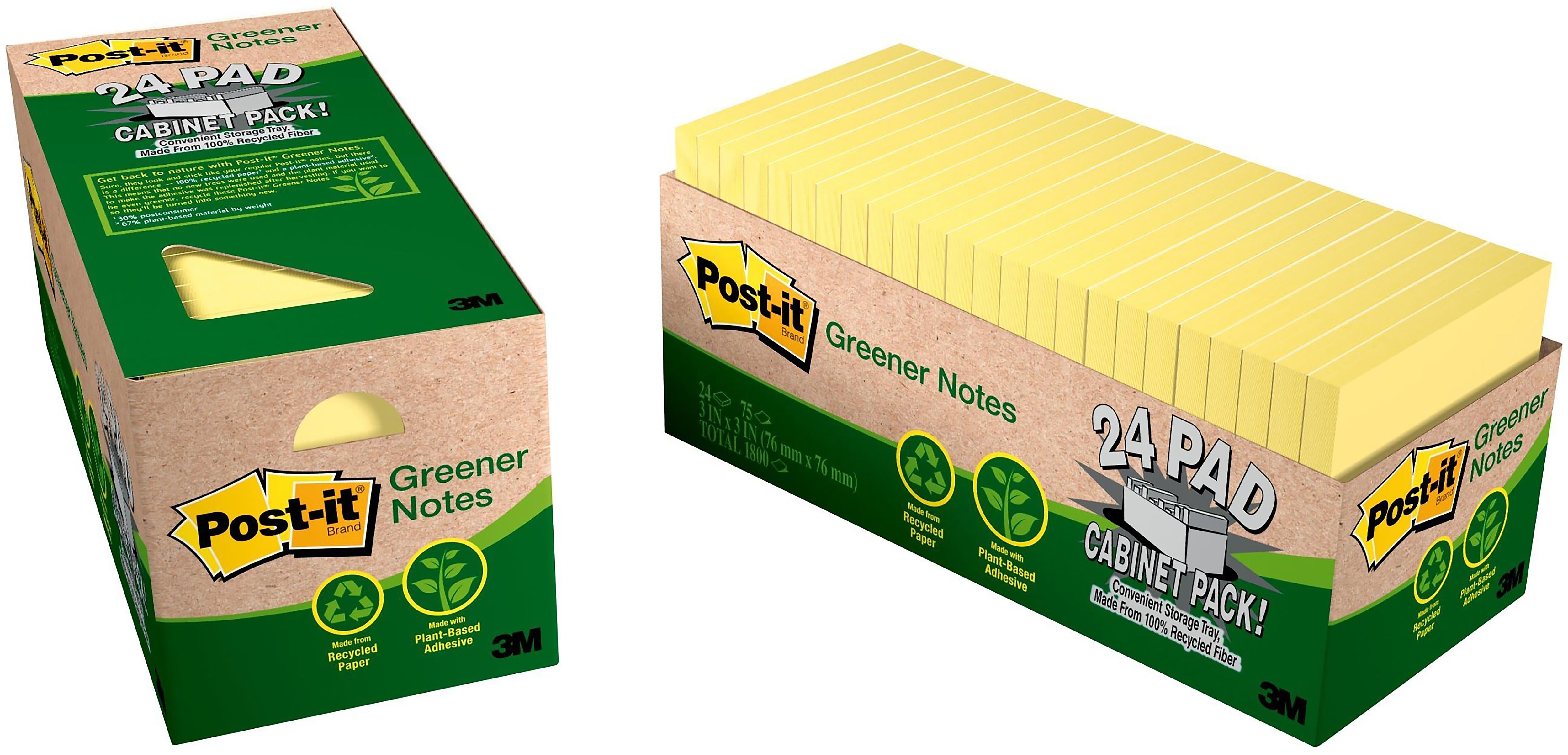 Post-it Recycled Notes, 3" x 3", Canary Collection, 75 Sheet/Pad, 24 Pads/Pack (654R24CPCY)