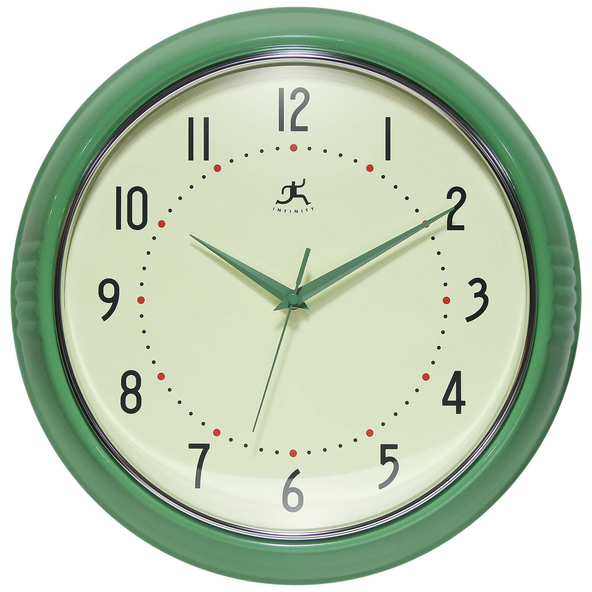 Infinity Instruments Round Retro Green Wall Clock, Aluminum, 15" (10940GR-15)