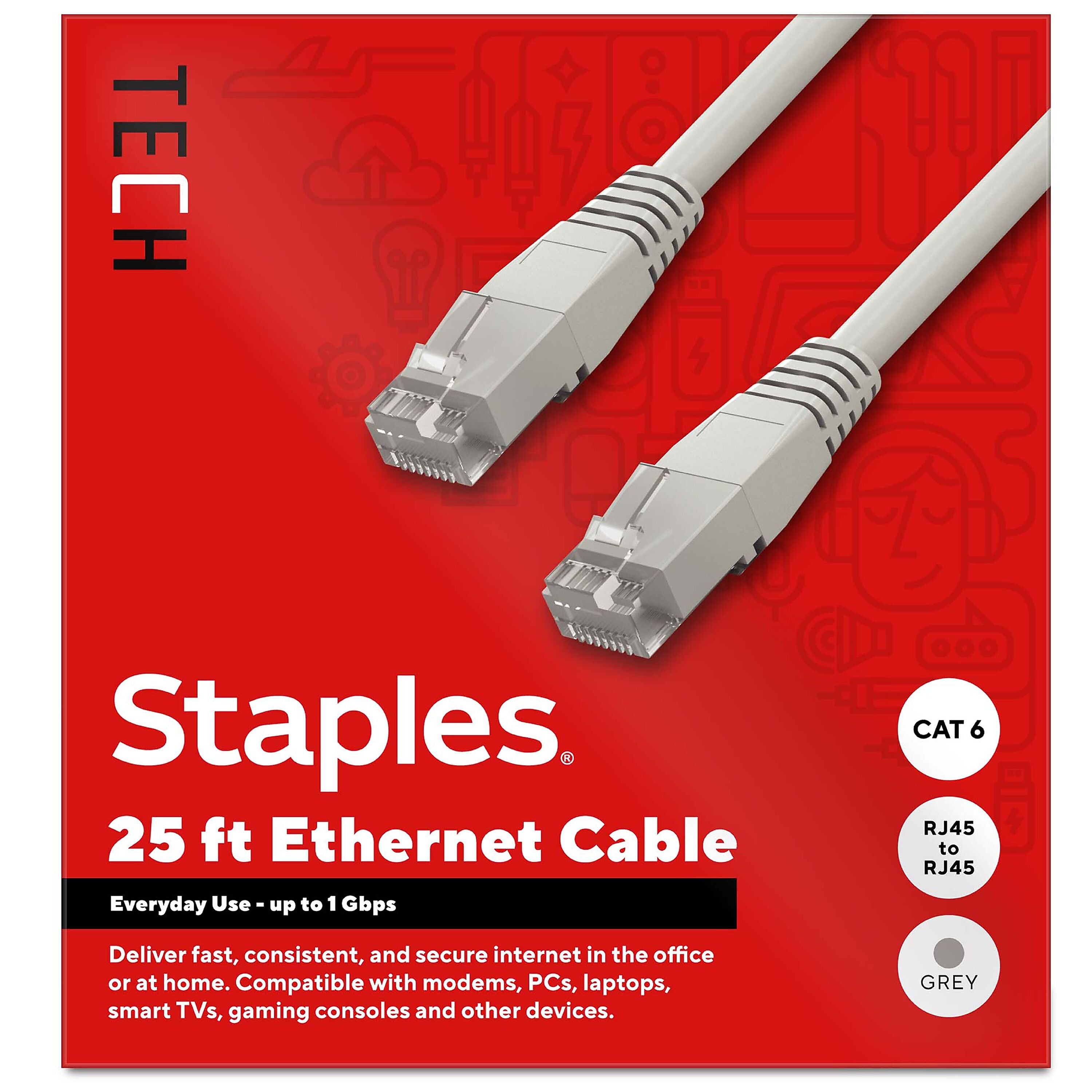 Staples TECH 25 ft. Cat-6 Ethernet Cable, Male to Male, Gray (ST62446)