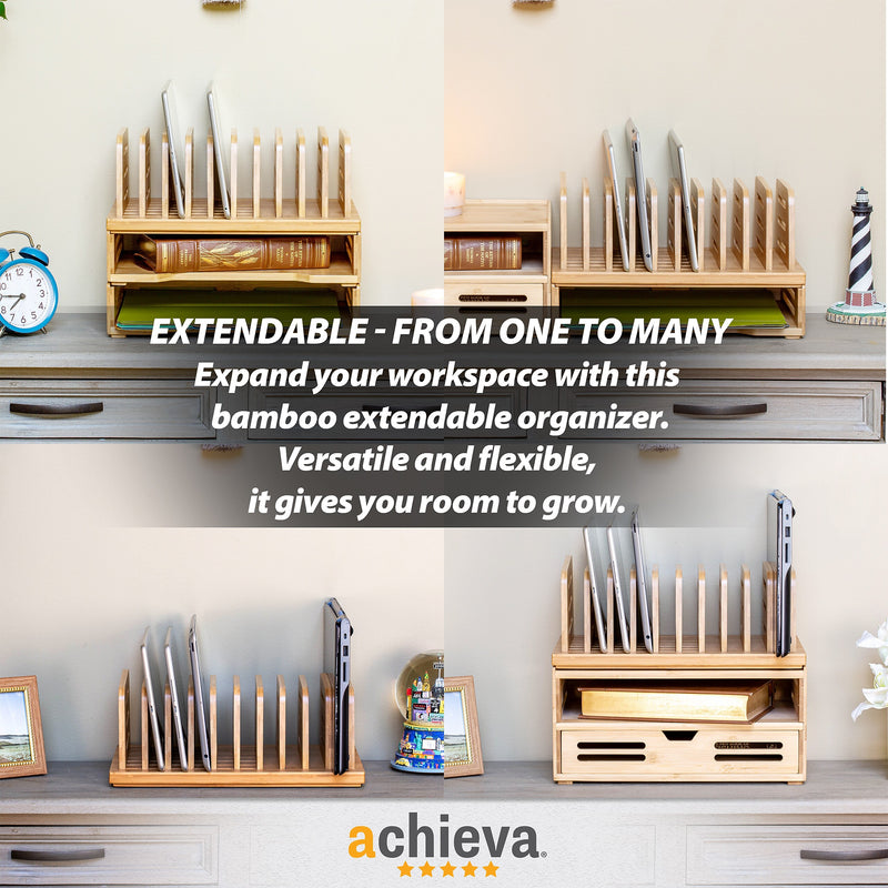 Officemate Bamboo Desk Accessories 9-Compartment Stackable Bamboo Multi-Supply Holder Desk Organizer, Natural Wood Grain (71002)