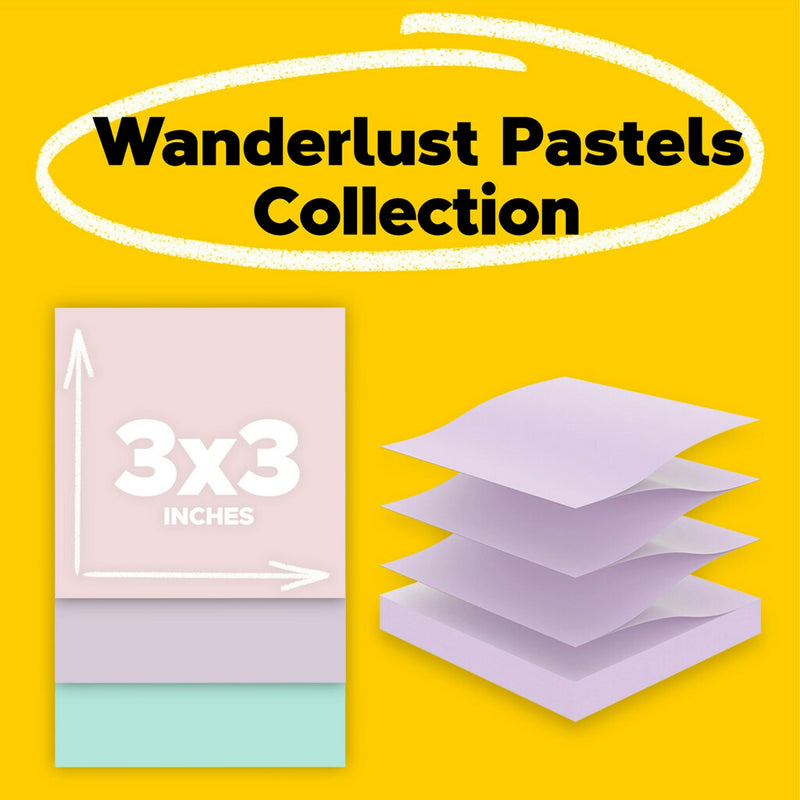 Post-it Recycled Super Sticky Pop-up Notes, 3" x 3", Wanderlust Pastels Collection, 70 Sheets/Pad, 18 Pads/Pack (R330-18SSNRPCP)