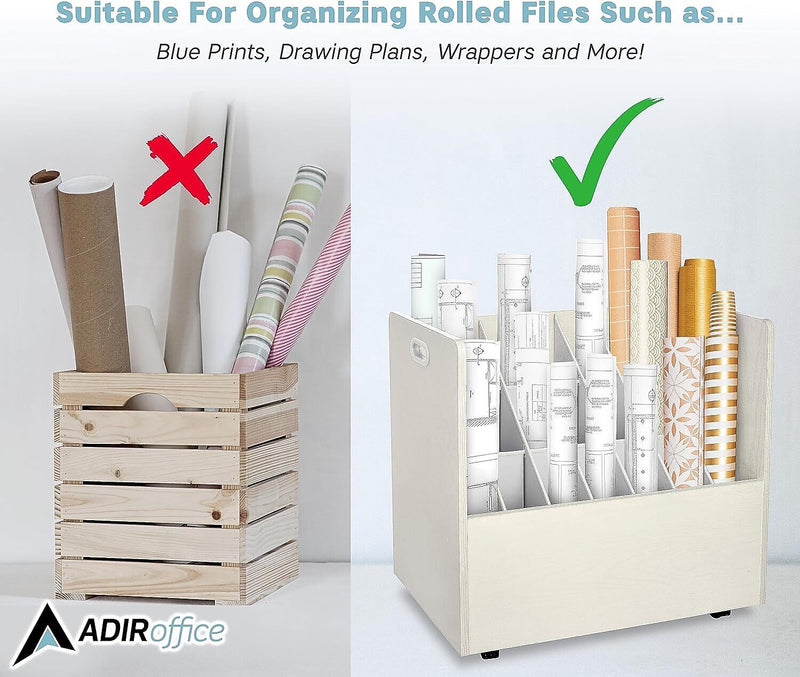 AdirOffice 21-Slot Mobile Roll File, 28.5"H x 30"W x 15.75"D, White (625-WHI-KIT1)