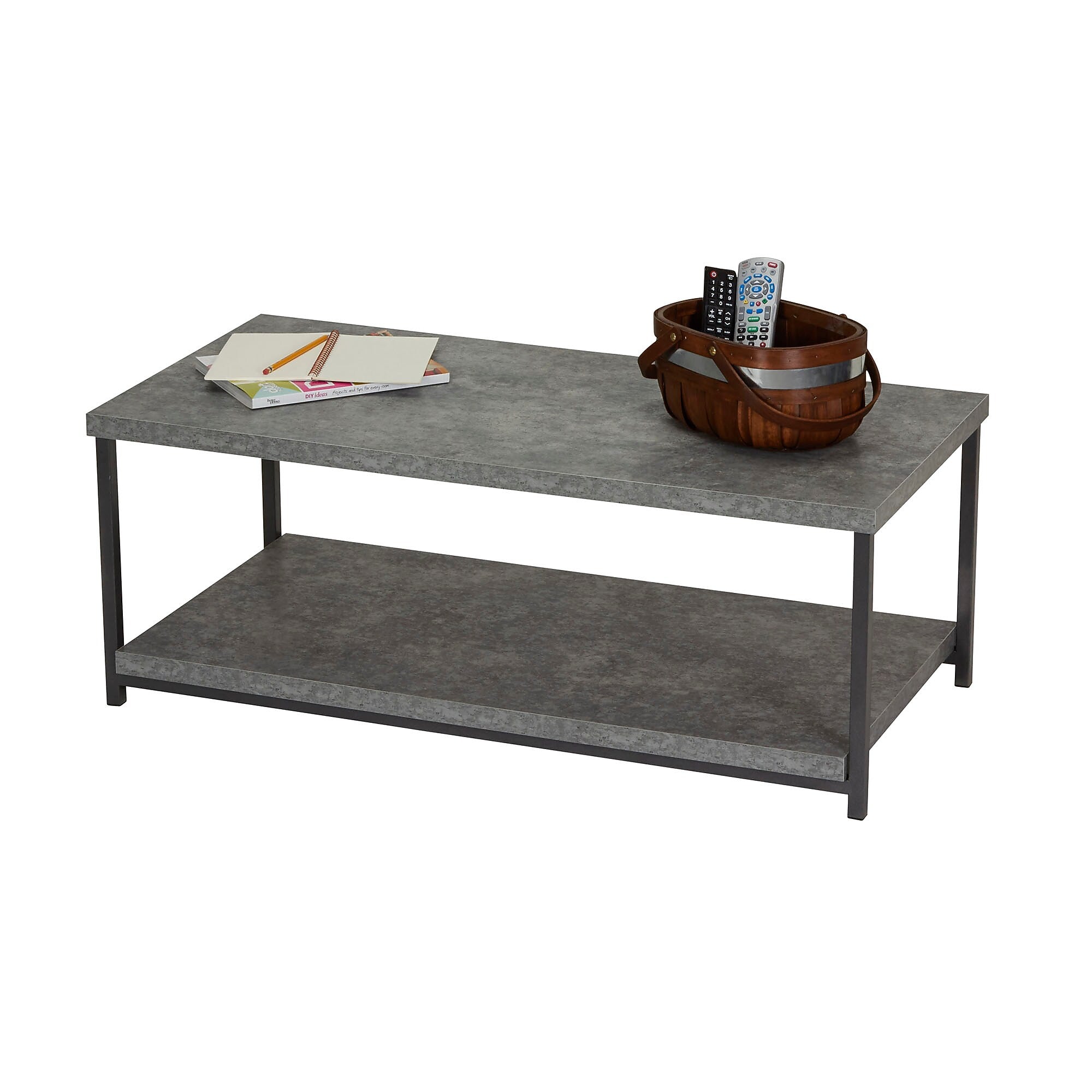 Household Essentials Jamestown 39.4"W x 19.7"D Coffee Table, Slate Concrete/Black (8099-1)