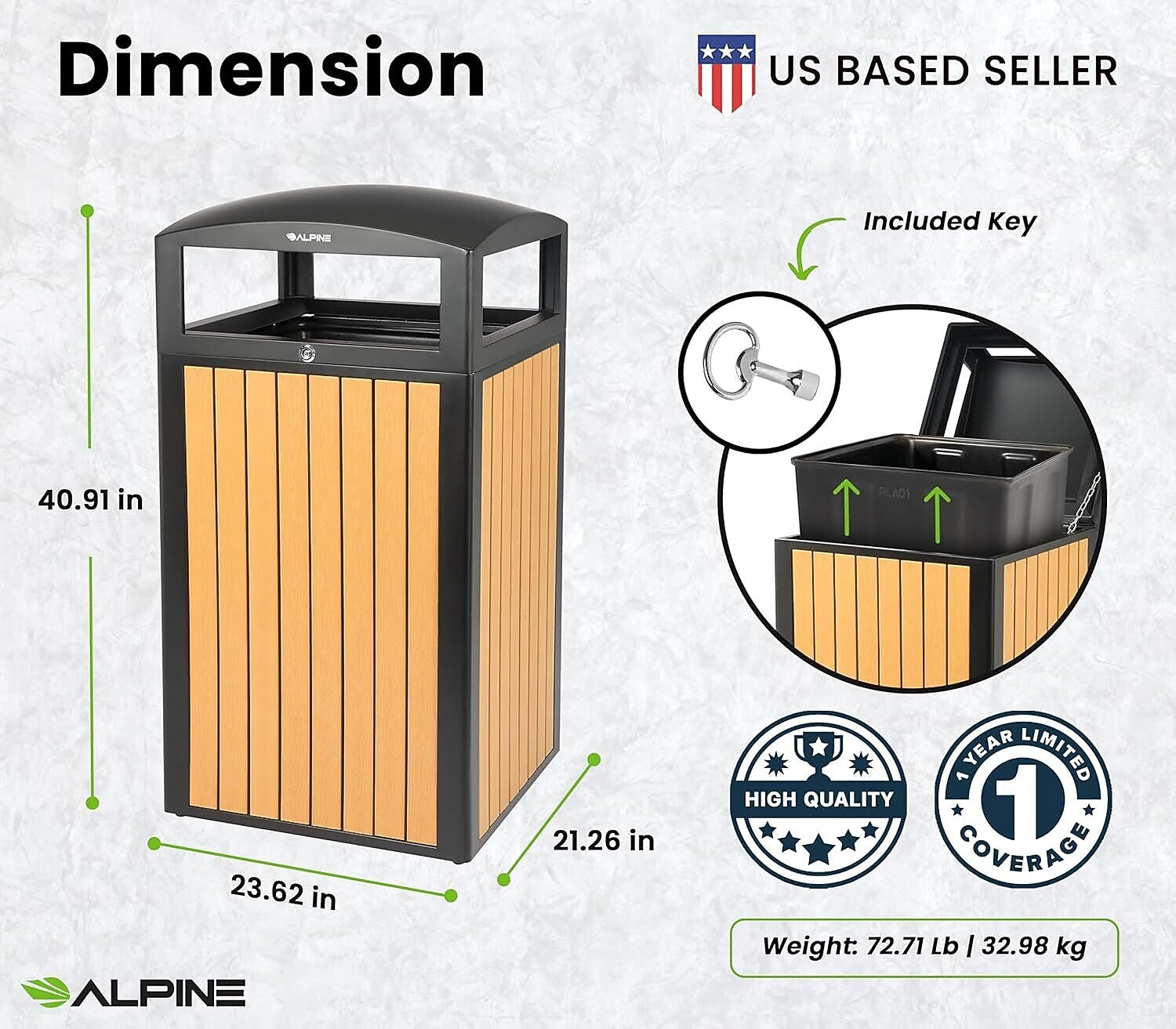 Alpine Industries Steel Outdoor Trash Can with Dome Lid, 40 Gallon, Plastic Cedar Panel (ALP471-40-WD-CD)