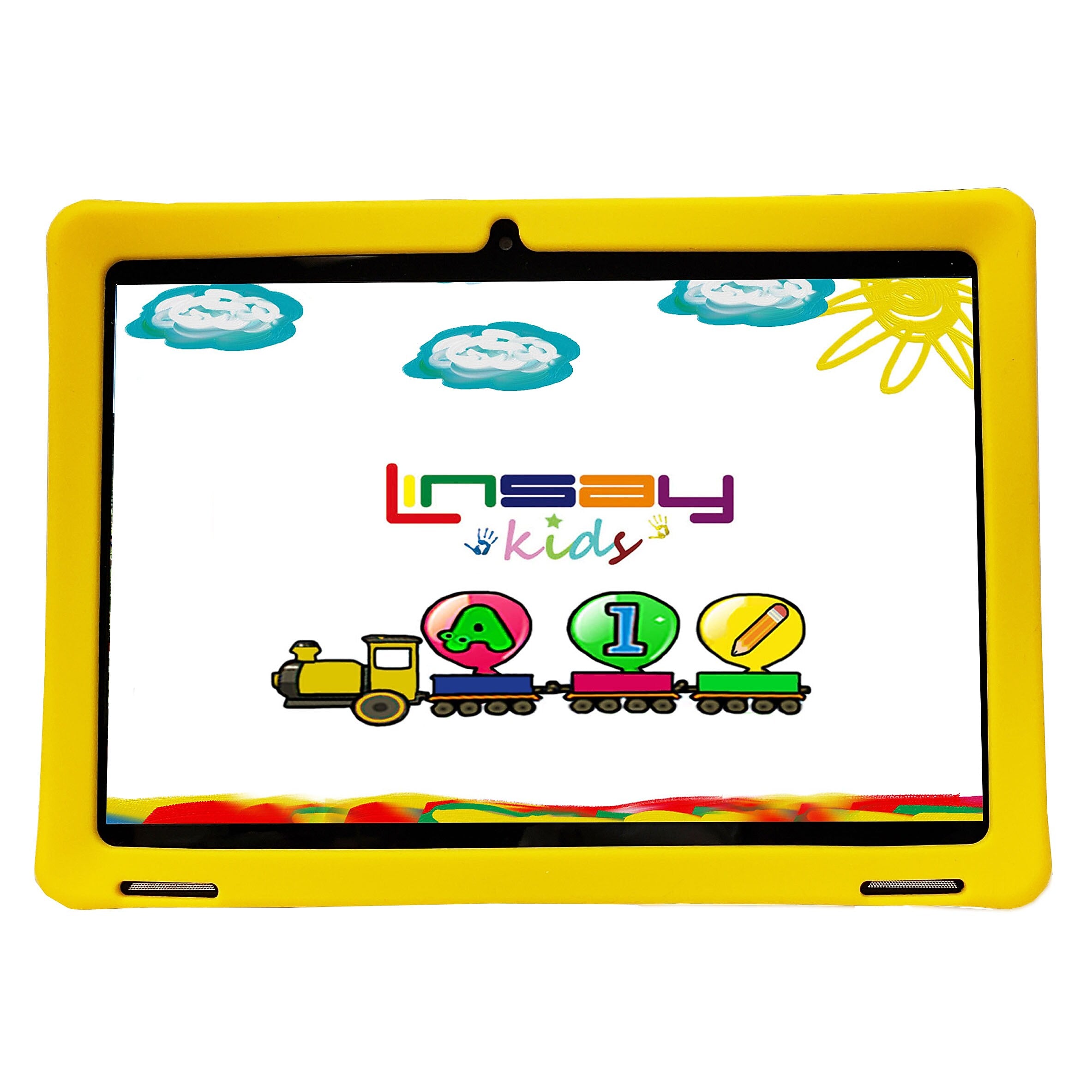 Linsay Octa Core 10.1" Tablet, 4GB RAM, 128GB Storage, Android 13, Bundled with Yellow Kids Case, Earphones, LED Backpack