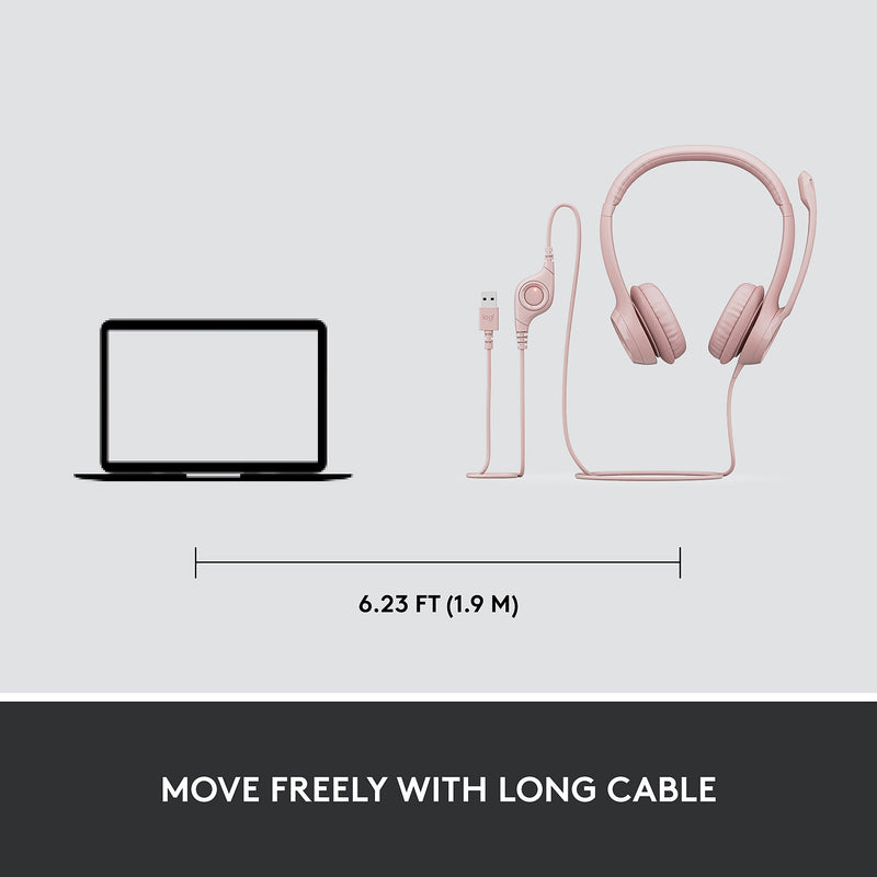 Logitech H390 Wired Headset For PC/Laptop, Rose Noise Canceling Stereo Computer Headset, USB-A (981-001280)