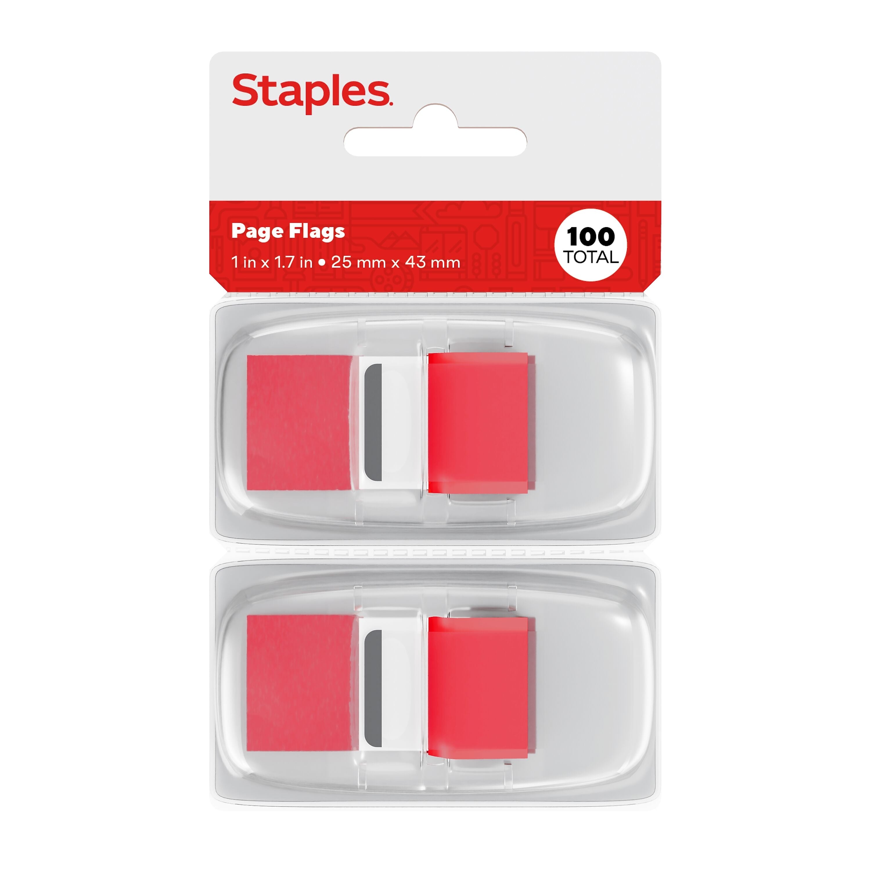 Staples Stickies Page Flags with Pop-Up Dispenser, 1" Wide, Red, 100/Count, 2/Pack (14110)