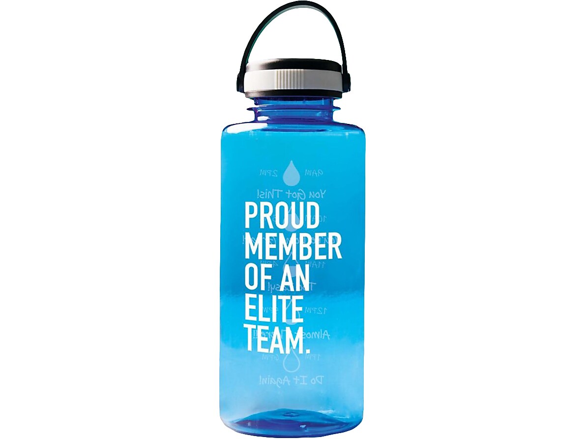 Baudville Drink it Up! "Proud Member" Plastic Water Bottle, 36 oz., Blue, 2/Pack (1396375P231)