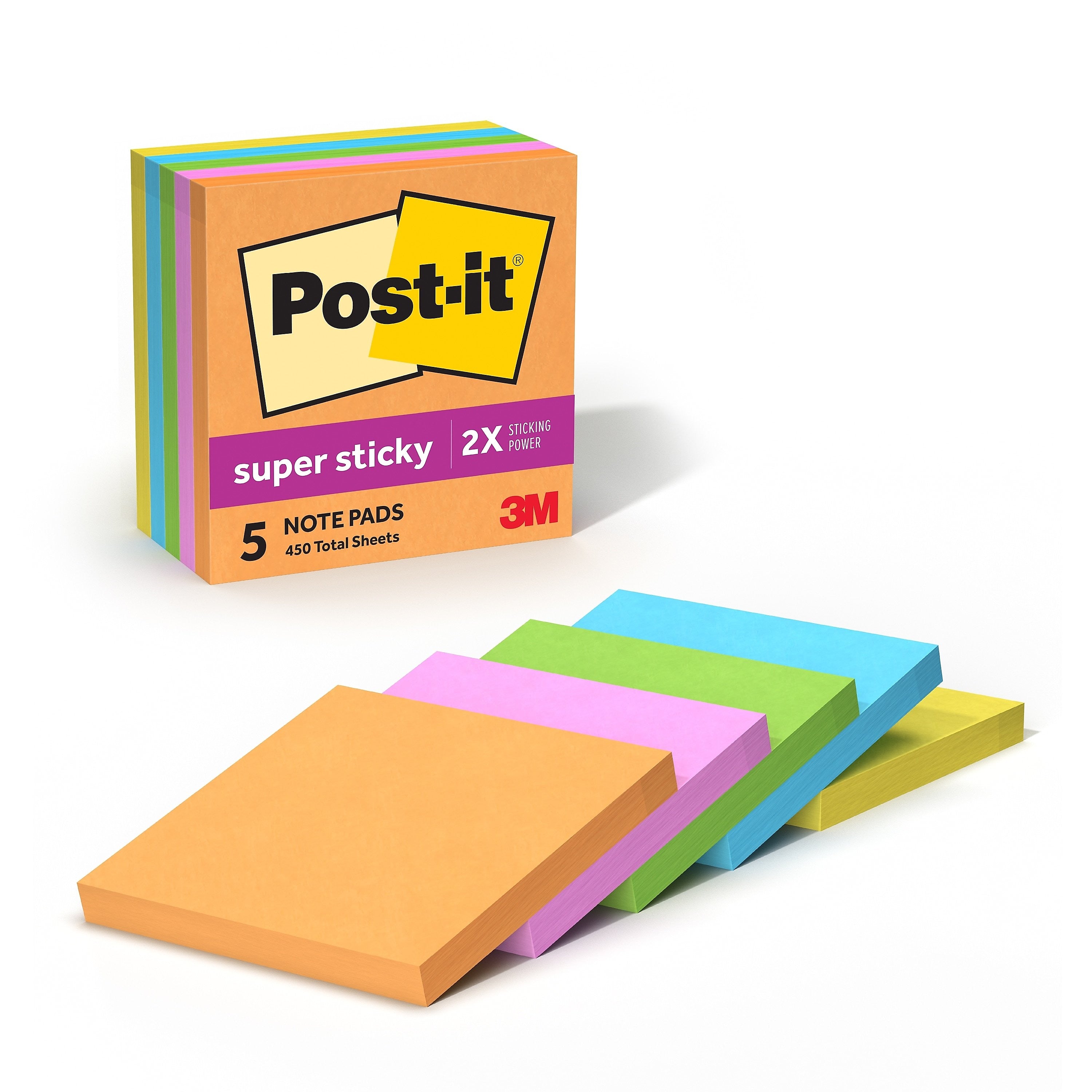 Post-it Super Sticky Notes, 3" x 3", Energy Boost Collection, 90 Sheet/Pad, 5 Pads/Pack (654-5SSUC)