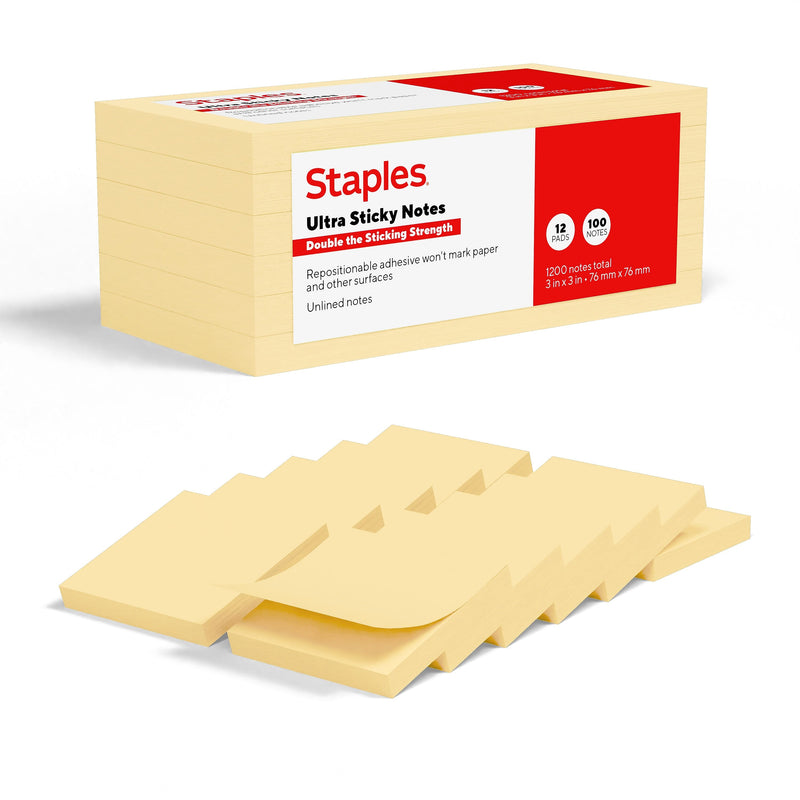 Staples Ultra Sticky Notes, 3" x 3", Sunshine Collection, 100 Sheets/Pad, 12 Pads/Pack (ST62887)