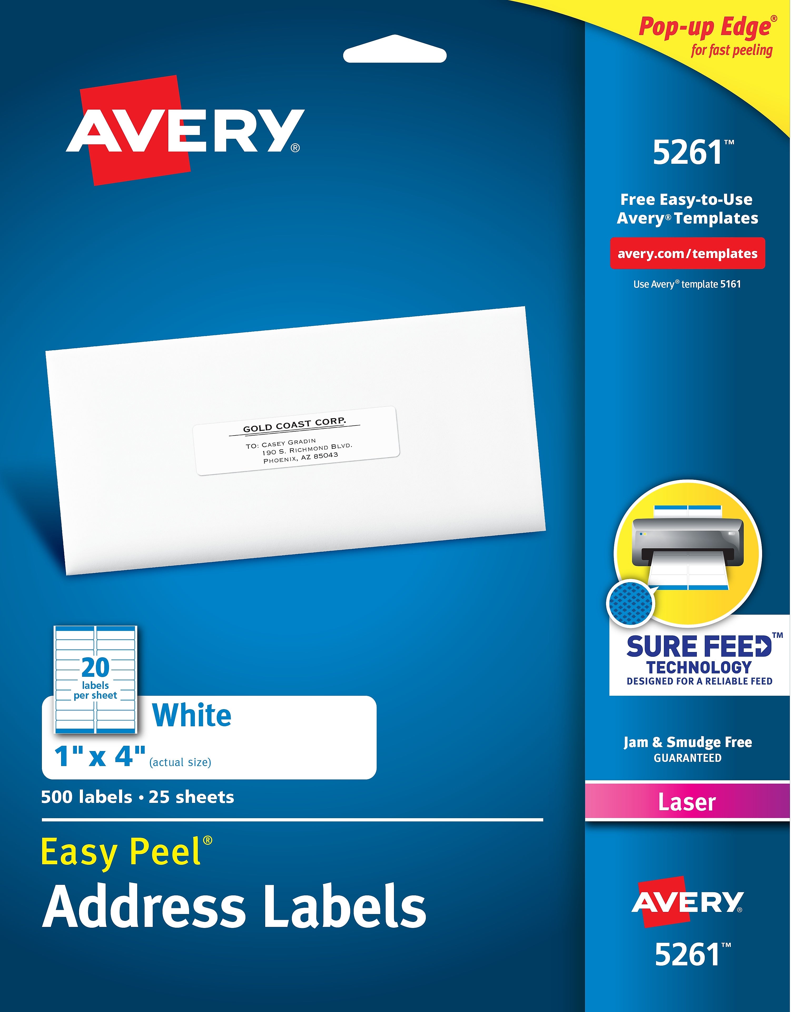 Avery Easy Peel Laser Address Labels, 1" x 4", White, 500 Labels/Pack (5261)