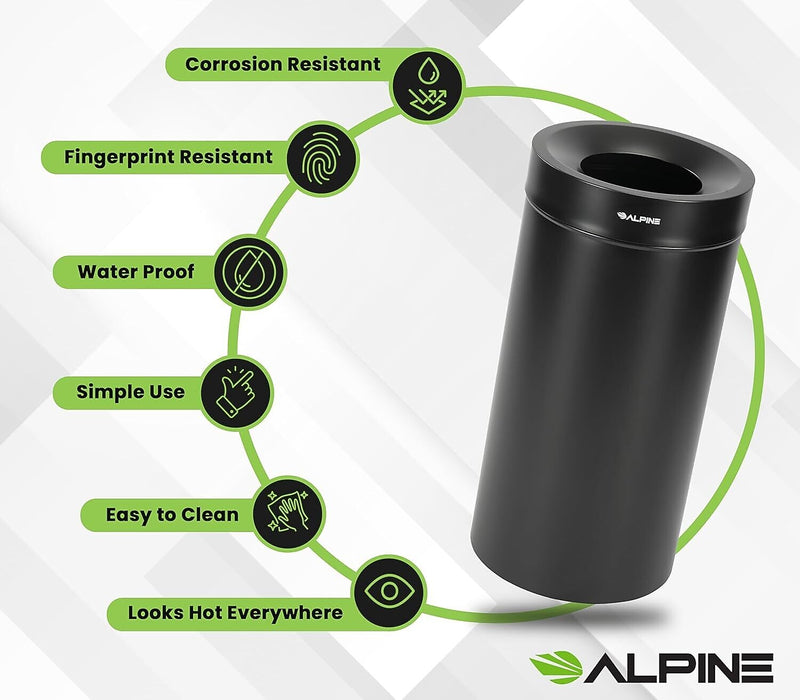 Alpine Industries Stainless Steel Trash Can, 27 Gallon, Black (ALP475-27-BLK)