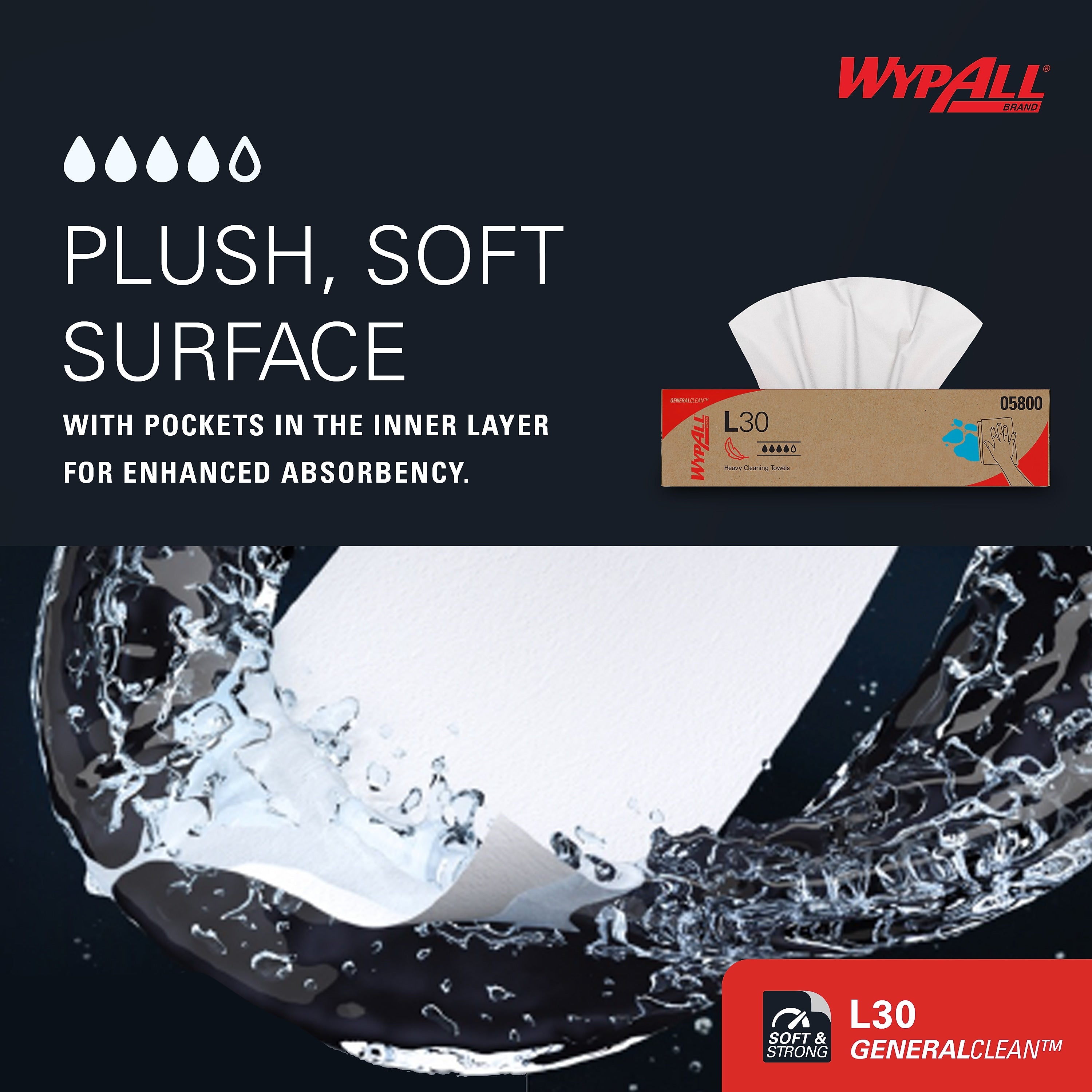 WypAll GeneralClean L30 Durable Fibers Cleaning Wipers, 9.8" x 16.4", White, 100 Wipers/Box, 8/Carton (KCC05800)