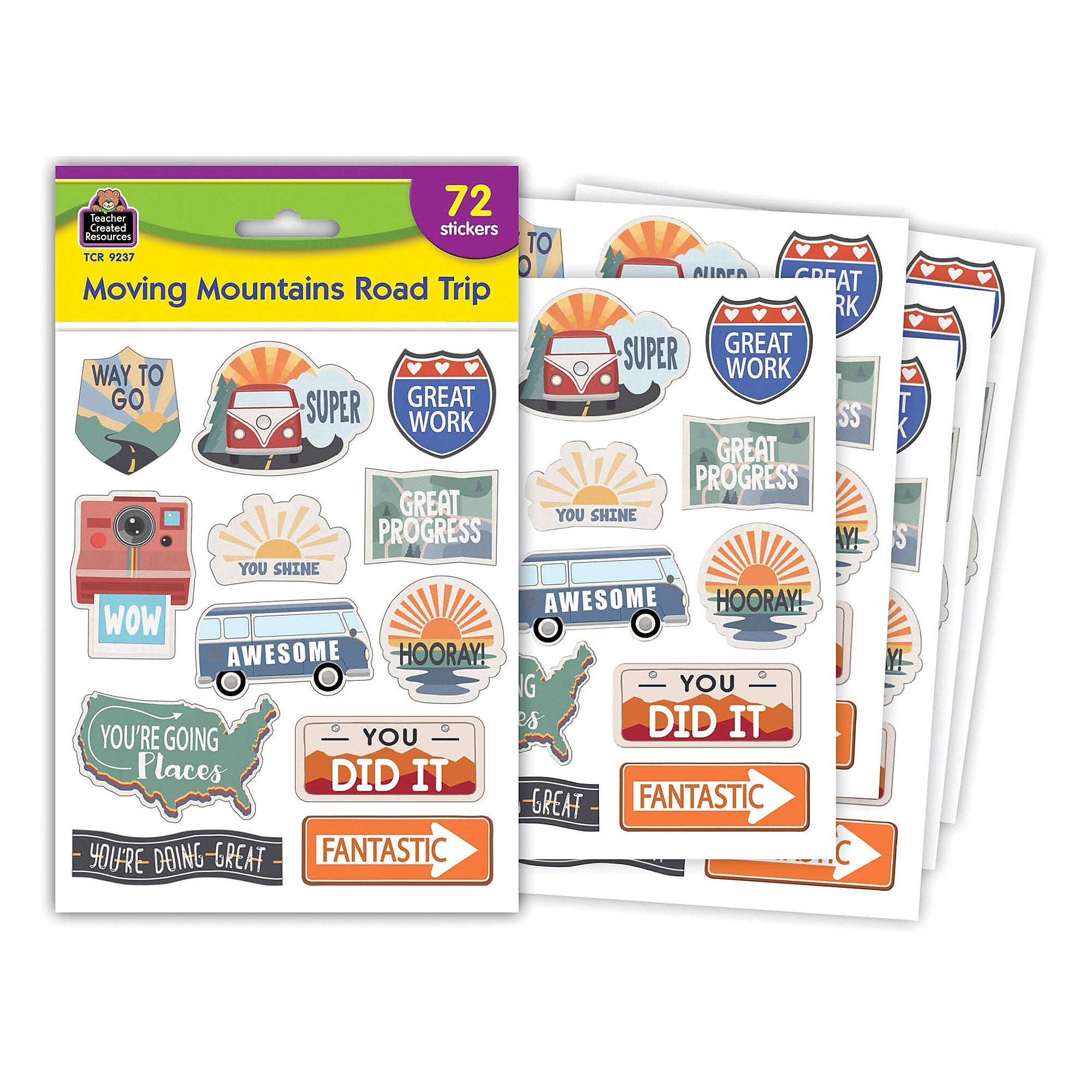 Teacher Created Resources Moving Mountains Road Trip Stickers, Multicolored, 72/Pack, 12/Packs/Bundle (TCR9237-12)